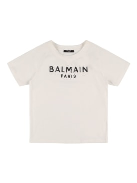 Balmain: Camiseta de jersey de algodón con logo - Negro/Plata - kids-girls_0 | Luisa Via Roma