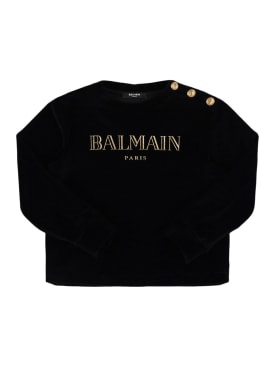Balmain: Cotton blend velvet crewneck sweatshirt - Black/Gold - kids-girls_0 | Luisa Via Roma