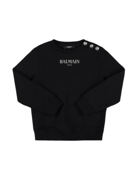 Balmain: Printed logo cotton crewneck sweatshirt - Black/White - kids-girls_0 | Luisa Via Roma