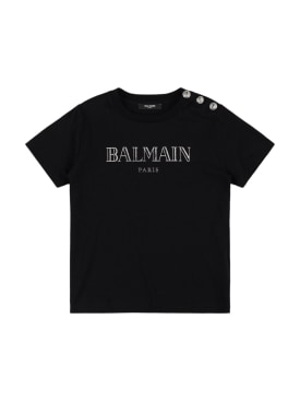Balmain: Camiseta de jersey de algodón con logo - Negro - kids-girls_0 | Luisa Via Roma