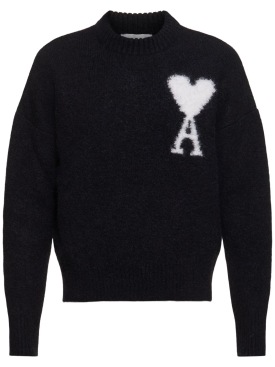 AMI Paris: ADC hairy alpaca blend knit crew sweater - Black/White - men_0 | Luisa Via Roma