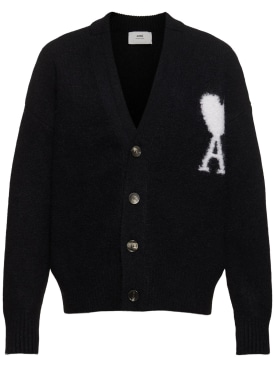 AMI Paris: ADC hairy alpaca blend knit cardigan - Black/White - men_0 | Luisa Via Roma