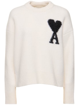 AMI Paris: ADC hairy alpaca blend knit crew sweater - White/Black - women_0 | Luisa Via Roma