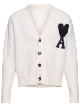 AMI Paris: ADC hairy alpaca blend knit cardigan - White/Black - men_0 | Luisa Via Roma