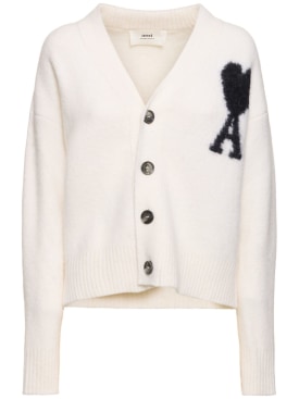 AMI Paris: ADC hairy alpaca blend knit cardigan - White/Black - women_0 | Luisa Via Roma