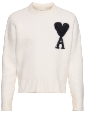 AMI Paris: ADC hairy alpaca blend knit crew sweater - White/Black - men_0 | Luisa Via Roma