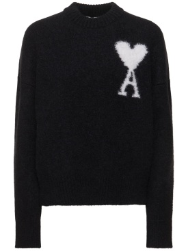 AMI Paris: ADC hairy alpaca blend knit crew sweater - Black/White - women_0 | Luisa Via Roma