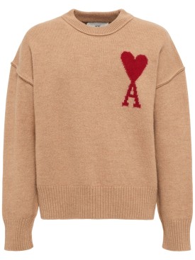 AMI Paris: Adc merino wool crewneck sweater - Camel/Red - men_0 | Luisa Via Roma