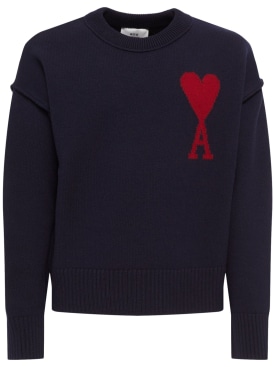 AMI Paris: Adc merino wool crewneck sweater - Navy/Red - men_0 | Luisa Via Roma