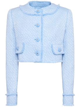 Dolce&Gabbana: Collarless tweed cropped jacket - Light Blue - women_0 | Luisa Via Roma