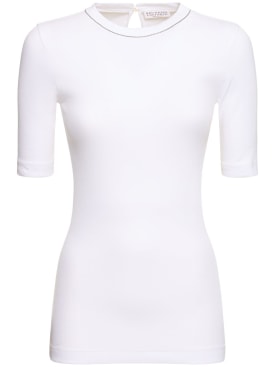 Brunello Cucinelli: Jersey 3/4 sleeve t-shirt - White - women_0 | Luisa Via Roma