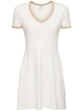 Courreges: 对比色V领棉质迷你连衣裙 - 白色 - women_0 | Luisa Via Roma