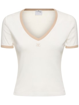 Courreges: T-shirt en coton à col en V contrastant - Blanc - women_0 | Luisa Via Roma
