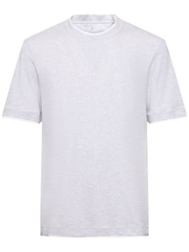 Brunello Cucinelli: Layered cotton jersey solid t-shirt - Açık Gri - men_0 | Luisa Via Roma