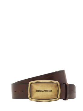 Dsquared2: 40mm Logo plaque leather belt - Brown/Gold - men_0 | Luisa Via Roma