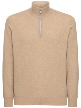 Brunello Cucinelli: Half zip cashmere turtleneck sweater - Beige/Brown - men_0 | Luisa Via Roma