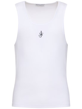 JW Anderson: Logo embroidery stretch cotton tank top - Beyaz - men_0 | Luisa Via Roma