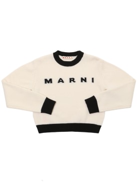Marni Junior: Pull-over en maille de laine mélangée à logo - Blanc - kids-girls_0 | Luisa Via Roma