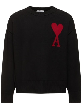 AMI Paris: Logo羊毛针织圆领毛衣 - 黑色 - men_0 | Luisa Via Roma