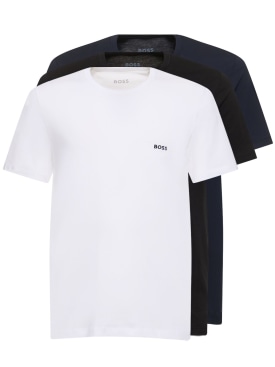 Boss: Lot de 3 t-shirts en coton à col ras-du-cou - White/Black/Blue - men_0 | Luisa Via Roma