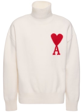 AMI Paris: Suéter de lana con logo - Blanco Opaco - men_0 | Luisa Via Roma
