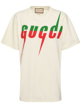 Gucci: LOGO廓形纯棉平纹针织T恤 - 米白色 - women_0 | Luisa Via Roma