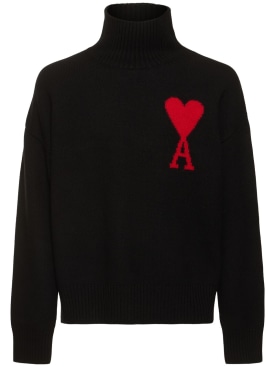 AMI Paris: Logo wool turtleneck sweater - Siyah - men_0 | Luisa Via Roma