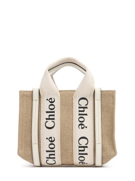 Chloé: Mini Woody リネントップハンドルバッグ - ベージュ/ホワイト - women_0 | Luisa Via Roma