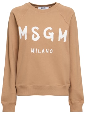 MSGM: Sweat-shirt en coton imprimé logo - Beige/Blanc - women_0 | Luisa Via Roma