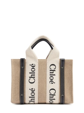 Chloé: Mini Woody linen top handle bag - Beige/Blu - women_0 | Luisa Via Roma