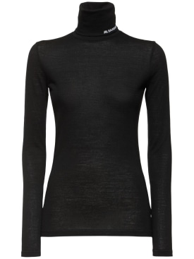 Jil Sander: Logo wool blend jersey turtleneck top - Siyah - women_0 | Luisa Via Roma