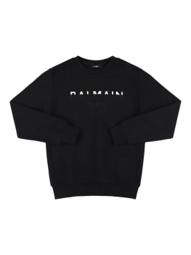 Balmain: Printed logo cotton crewneck sweatshirt - Black - kids-boys_0 | Luisa Via Roma