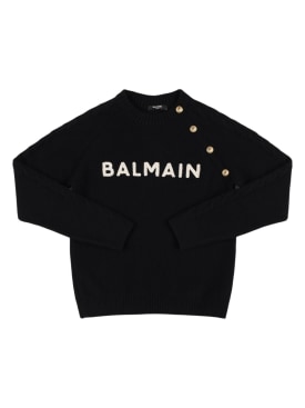 Balmain: Wool blend knit sweater w/ buttons - Black/White - kids-girls_0 | Luisa Via Roma