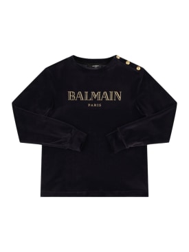 Balmain: Cotton blend velvet crewneck sweatshirt - Blue/Gold - kids-girls_0 | Luisa Via Roma