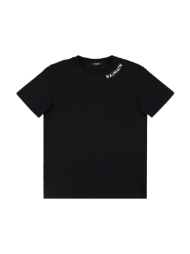 Balmain: T-Shirt aus Baumwolljersey mit Logo - Schwarz/Weiß - kids-boys_0 | Luisa Via Roma