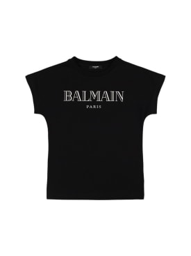 Balmain: T-shirt en jersey de coton imprimé logo - Noir/Blanc - kids-girls_0 | Luisa Via Roma