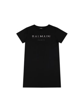 Balmain: Logo印花棉质平纹针织T恤裙 - 黑色 - kids-girls_0 | Luisa Via Roma