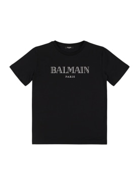 Balmain: Camiseta de jersey de algodón con logo - Negro - kids-boys_0 | Luisa Via Roma
