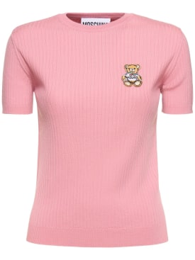 Moschino: Top de punto de lana acanalada con manga corta - Rosa - women_0 | Luisa Via Roma