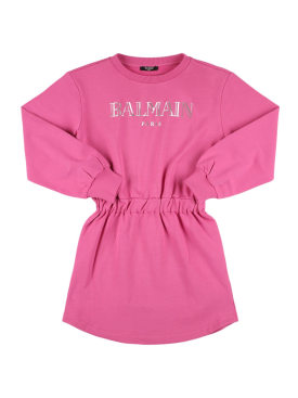 Balmain: Logo printed cotton sweatshirt dress - Fuchsia/Silver - kids-girls_0 | Luisa Via Roma