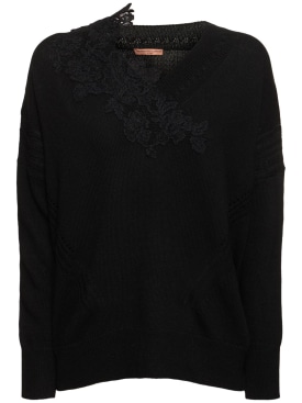 Ermanno Scervino: Embroidered knit v-neck sweater - Black - women_0 | Luisa Via Roma