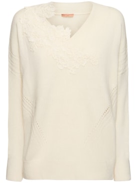 Ermanno Scervino: Embroidered knit v-neck sweater - White - women_0 | Luisa Via Roma