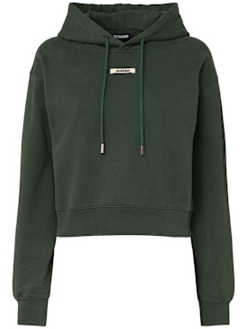 Jacquemus: Le Hoodie Gros Grain cotton crop hoodie - Dark Green - women_0 | Luisa Via Roma