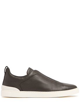 Zegna: Triple Stitch leather low-top sneakers - Taupe - men_0 | Luisa Via Roma