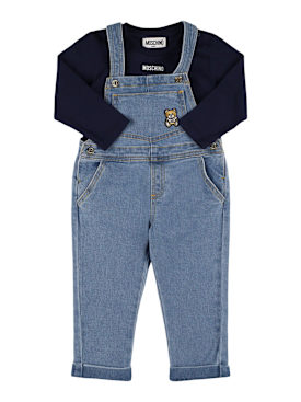 Moschino: T-shirt & salopette en coton - Bleu/Bleu Foncé - kids-girls_0 | Luisa Via Roma