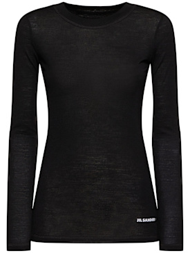 Jil Sander: Top de jersey de lana con logo - Negro - women_0 | Luisa Via Roma