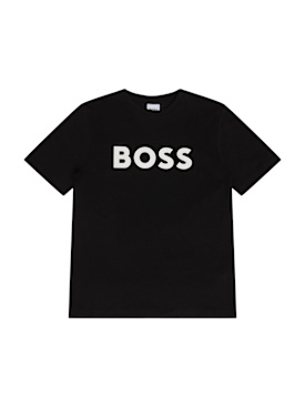 Boss: Camiseta de jersey de algodón estampada - Negro - kids-boys_0 | Luisa Via Roma
