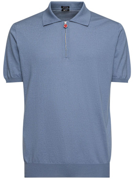 Kiton: Cotton zipped polo - Powder Blue - men_0 | Luisa Via Roma