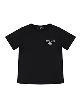 Balmain: T-shirt in jersey di cotone con logo - Nero - kids-boys_0 | Luisa Via Roma