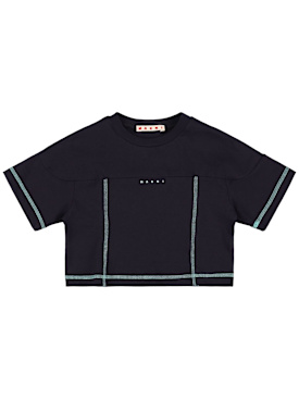 Marni Junior: Printed cotton jersey cropped t-shirt - Dark Blue - kids-girls_0 | Luisa Via Roma